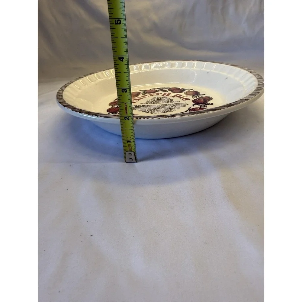 VTG Cherry Pie Recipe Ceramic Pie Dish White Red Black Made In USA